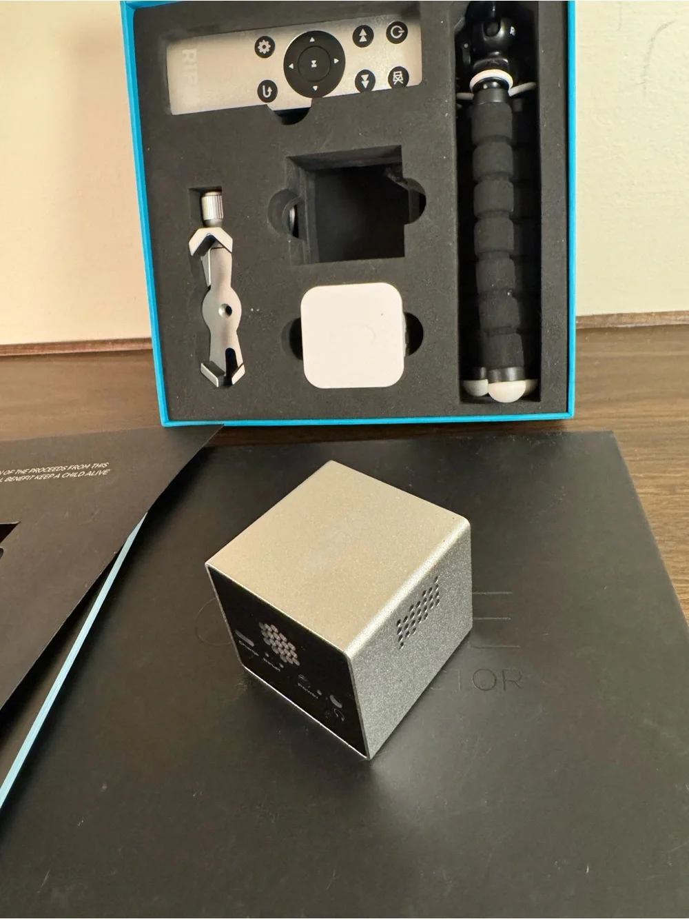 RIF6 Cube Mobile Projector Mini Portable Pico Projector w/ Box Remote Tripod